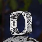 Vierkante ring met mooi motief, Bijoux, Sacs & Beauté, Bagues, Femme ou Homme, Envoi, Fer ou Acier, Argent