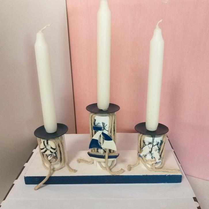 Drievoudige kandelaar met maritiem decor, Huis en Inrichting, Woonaccessoires | Kandelaars en Kaarsen, Ophalen of Verzenden