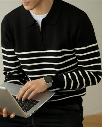 Men’s Zip-Up Striped Sweater – Black & White Casual Wear beschikbaar voor biedingen