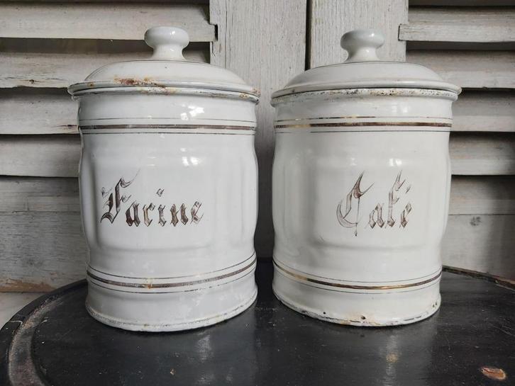 2 franse emaille voorraadbussen Farine en Café, Antiek en Kunst, Antiek | Email, Ophalen of Verzenden