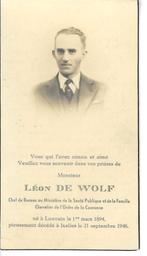 RP Léon De wolf 1894-1946 Chef de Bureau au Ministère, Collections, Images pieuses & Faire-part, Carte de condoléances, Enlèvement ou Envoi