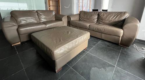 Lederen salon (2 zetels + poef), Huis en Inrichting, Zetels | Complete zithoeken, Gebruikt, Leer, Ophalen