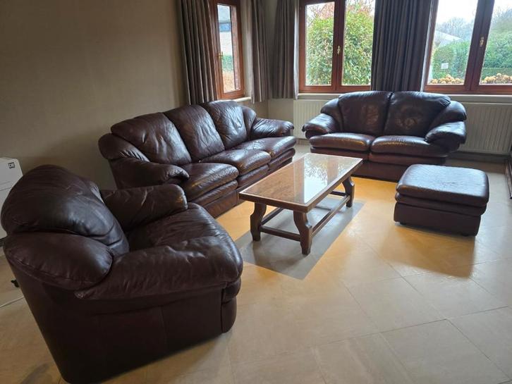 Zetel in leder - 1, 2 en 3 zit met poef, Huis en Inrichting, Zetels | Zetels, Gebruikt, Rechte bank, Leer, Ophalen