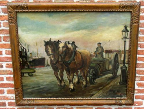 Rene Morren ( 1868 - 1941 )  Werkpaarden in Antwerpse haven, Antiek en Kunst, Kunst | Schilderijen | Klassiek, Ophalen