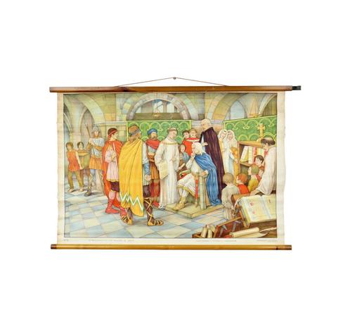 Educatieve Oude Schoolplaat Geschiedenis Karel de Grote 94cm, Antiek en Kunst, Antiek | Schoolplaten, Geschiedenis, Ophalen of Verzenden
