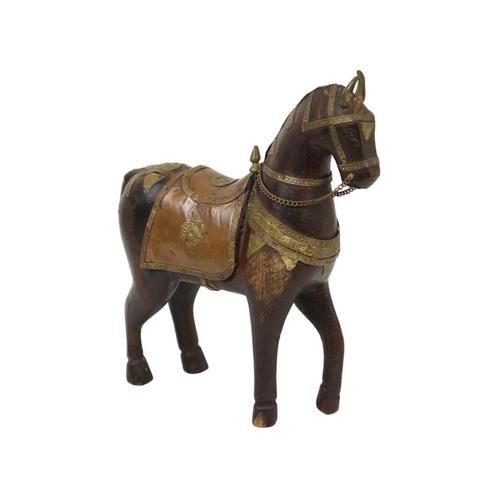 Vintage Houten Paard Belegd met Koper Messing Beeld Sculptuu, Antiquités & Art, Art | Sculptures & Bois, Enlèvement ou Envoi
