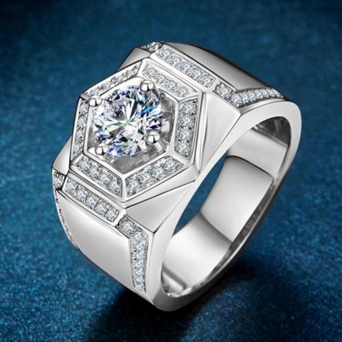 Zilveren ring met Moissanite Diamant 1 karaat D kleur, Bijoux, Sacs & Beauté, Bagues, Neuf, Homme, Argent, Argent, Avec pierre précieuse