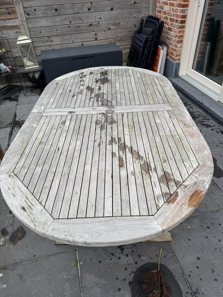 Teakhouten tuintafel, uitschuifbaar +6 Stoelen, Tuin en Terras, Tuintafels, Gebruikt, Ophalen