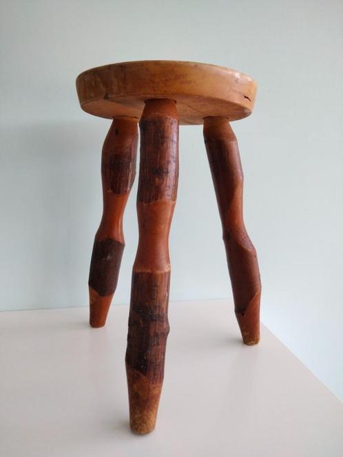 60s vintage Brutalist houten kruk stool tabouret, Huis en Inrichting, Krukjes, Gebruikt, Hout, Ophalen of Verzenden