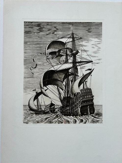 Pieter BRUEGEL - Originele gravure Oorlogsschip - 51 x 37cm, Antiek en Kunst, Kunst | Litho's en Zeefdrukken, Ophalen of Verzenden