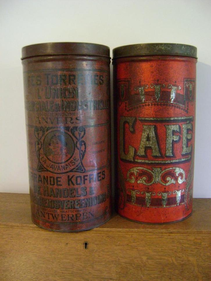 Te ruilen: 2 grote antieke art nouveau koffie blikken 44cm, Verzamelen, Blikken, Gebruikt, Koffie, Ophalen