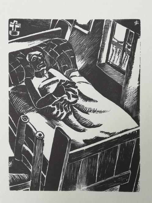 Jozef Cantré - houtsnede - de boer die sterft - ca. 1937, Antiek en Kunst, Curiosa en Brocante, Ophalen of Verzenden