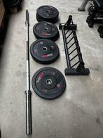 100kg Bumperplates, Halterstang 220cm ,Opbergrek, Sport en Fitness, Ophalen, Gebruikt, Halterschijven