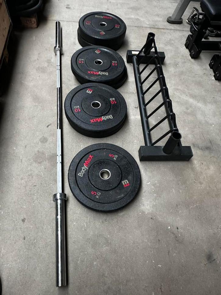 100kg Bumperplates, Halterstang 220cm ,Opbergrek, Sport en Fitness, Fitnessmaterialen, Gebruikt, Halterschijven, Ophalen