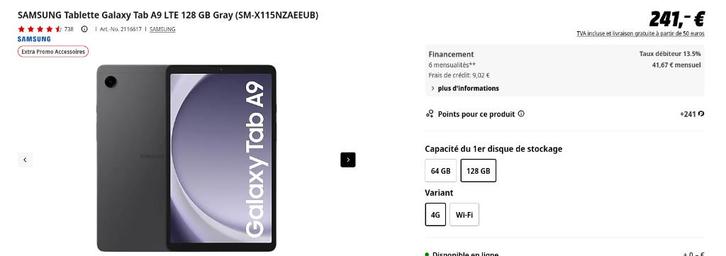 Samsung Galaxy Tab A9 LTE-tablet 128 GB grijs, Computers en Software, Android Tablets, Zo goed als nieuw, Wi-Fi en Mobiel internet