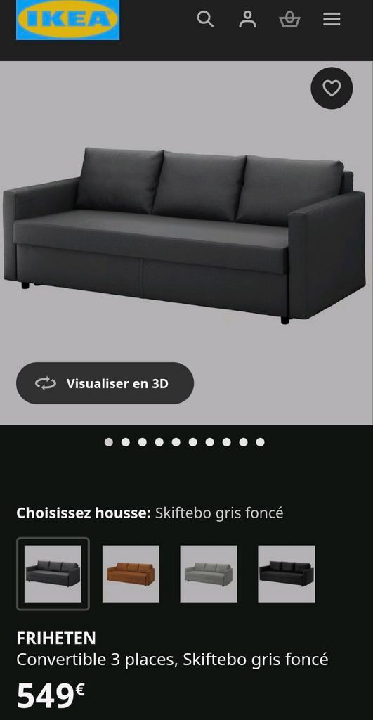 Canapé-lit 3 places gris foncé IKEA, Maison & Meubles, Canapés | Salons, Comme neuf, Banc droit, Trois personnes, Enlèvement