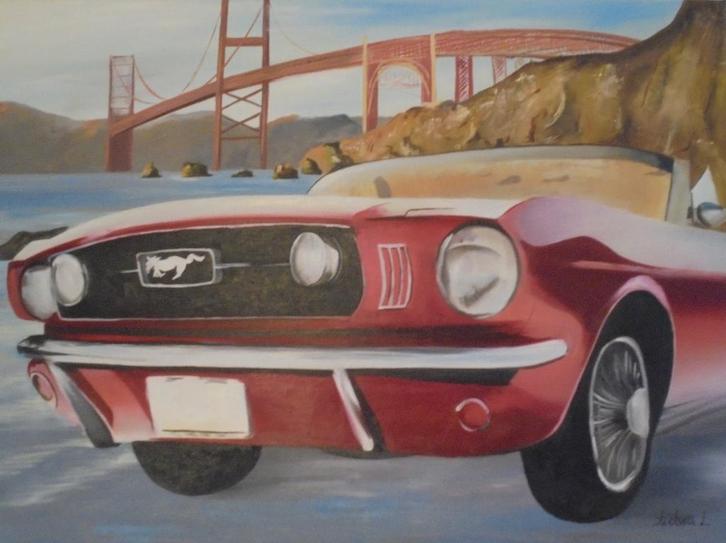olieschilderij Ford Mustang (60x80 cm), Antiek en Kunst, Kunst | Schilderijen | Klassiek, Ophalen of Verzenden