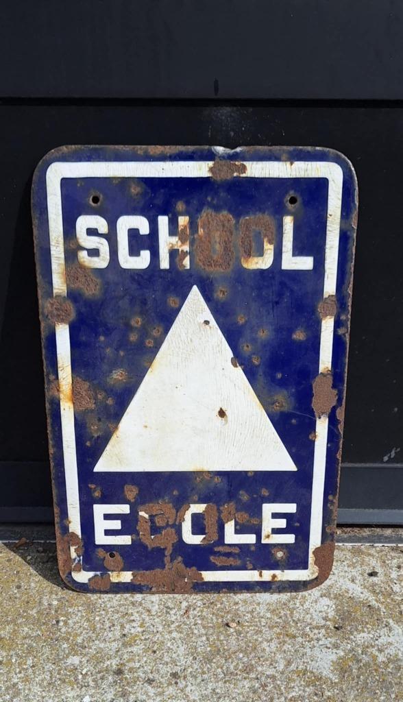 Oud emaille bord, School / Ecole, stoere decoratie😎, Antiek en Kunst, Curiosa en Brocante, Ophalen of Verzenden