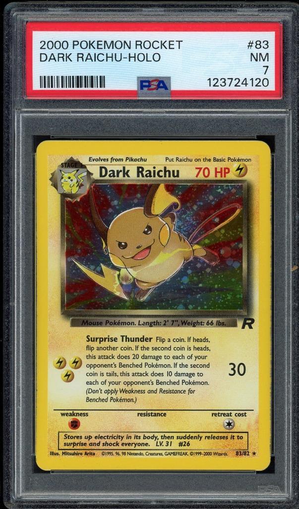 Dark Raichu Holo PSA 7 - 83/82 - Team Rocket 2000, Hobby en Vrije tijd, Verzamelkaartspellen | Pokémon, Zo goed als nieuw, Losse kaart