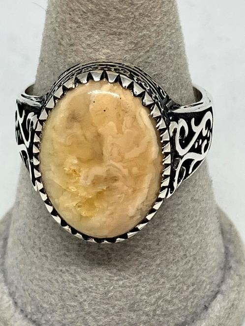 Zilveren herenring met echte Baltische Amber maat 30, Handtassen en Accessoires, Ringen, Nieuw, Dame, 20 of groter, Geel, Zilver