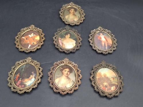 7 oude bronzen kaders met zijden tekening, jaren 40, Antiek en Kunst, Curiosa en Brocante, Ophalen of Verzenden