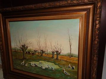 "Eendenvijver &Paarden"-Prachtig groot gesigneerd schilderij beschikbaar voor biedingen