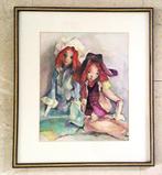 Aquarel - 2 poppen - gesigneerd en gedateerd 1973, Antiek en Kunst, Ophalen of Verzenden