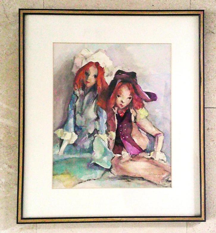 Aquarel - 2 poppen - gesigneerd en gedateerd 1973, Antiek en Kunst, Kunst | Schilderijen | Klassiek, Ophalen of Verzenden