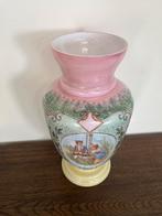 Opaline handgeschilderde vaas groen roze geel wit 34 cm, Antiek en Kunst, Ophalen of Verzenden