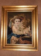 Mooie oude borduurwerk van een meisje met houten kader, Antiek en Kunst, Ophalen
