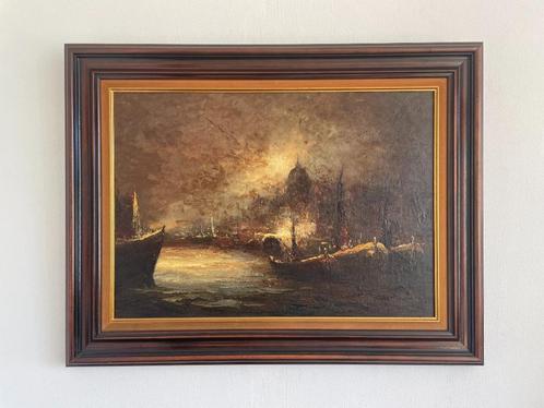 Cor Bouter; "Grachtzicht bij maanlicht", Antiek en Kunst, Kunst | Schilderijen | Klassiek, Ophalen of Verzenden