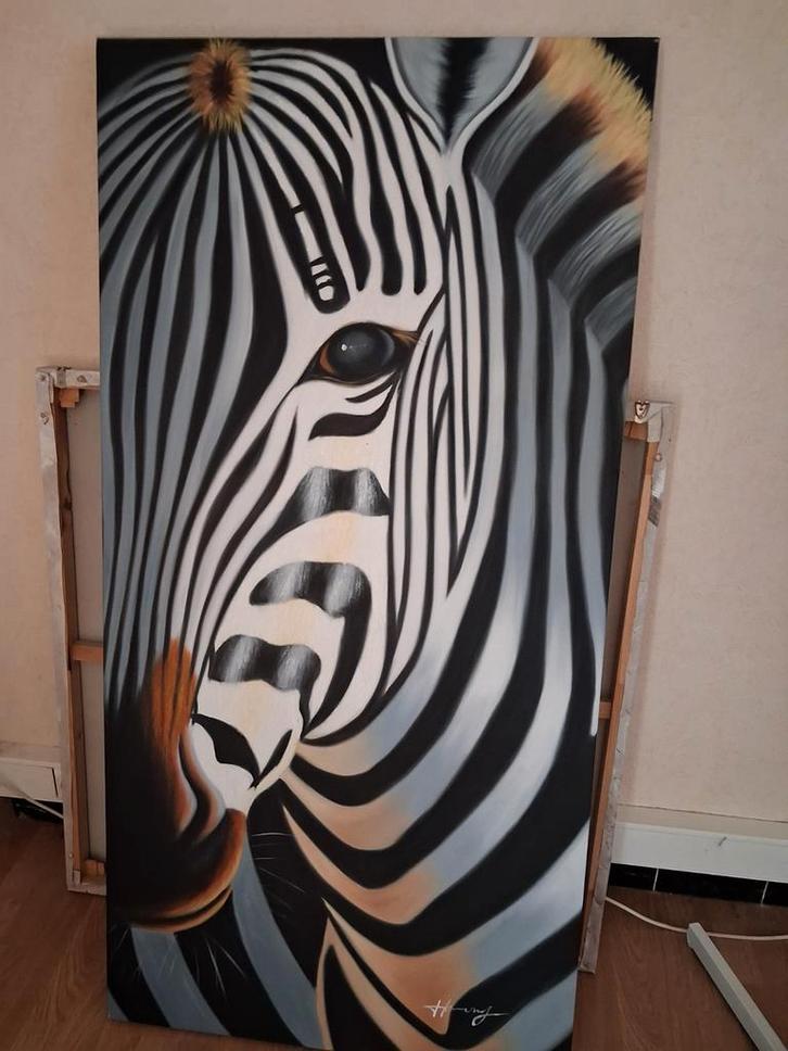 Prachtig schilderij zebra gesigneerd.., Antiquités & Art, Art | Peinture | Classique, Enlèvement