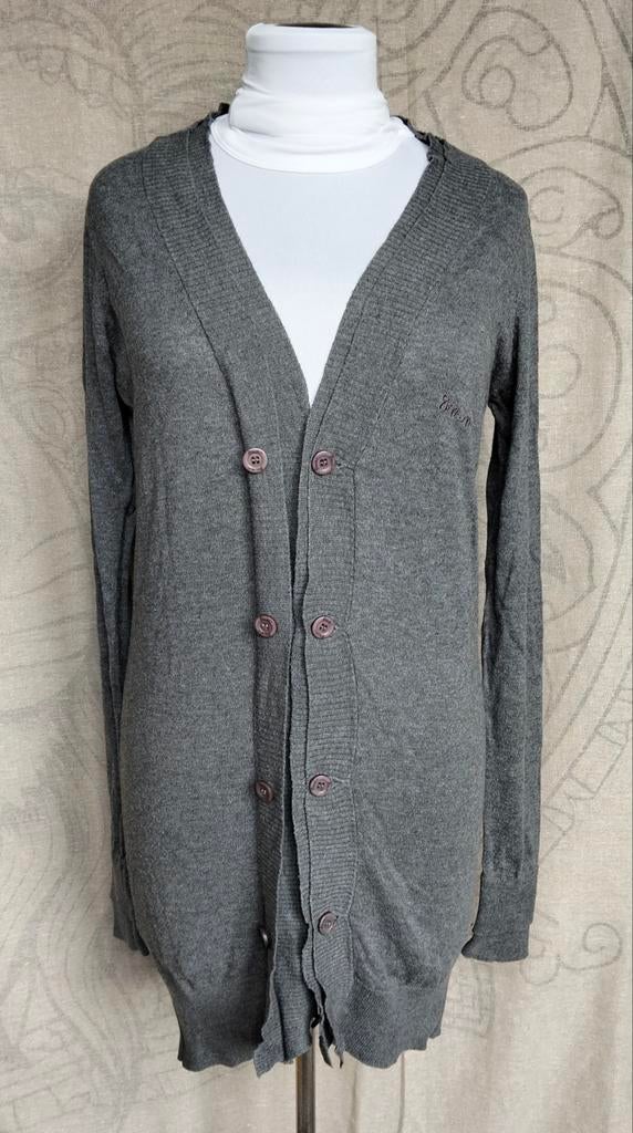 8MM grijze lange cardigan trui met knopen – maat XS / 34, Ophalen, 8mm, Zo goed als nieuw, Maat 34 (XS) of kleiner