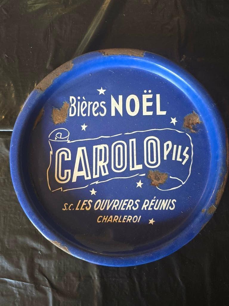 Plateau émaillée Bieres Noël Carolo pils, Collections, Enlèvement ou Envoi, Utilisé, Panneau, Plaque ou Plaquette publicitaire