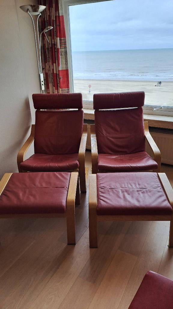 Fauteuil Ikea cuir rouge Poang, Maison & Meubles, Fauteuils, Comme neuf, Bois, Cuir, Enlèvement ou Envoi