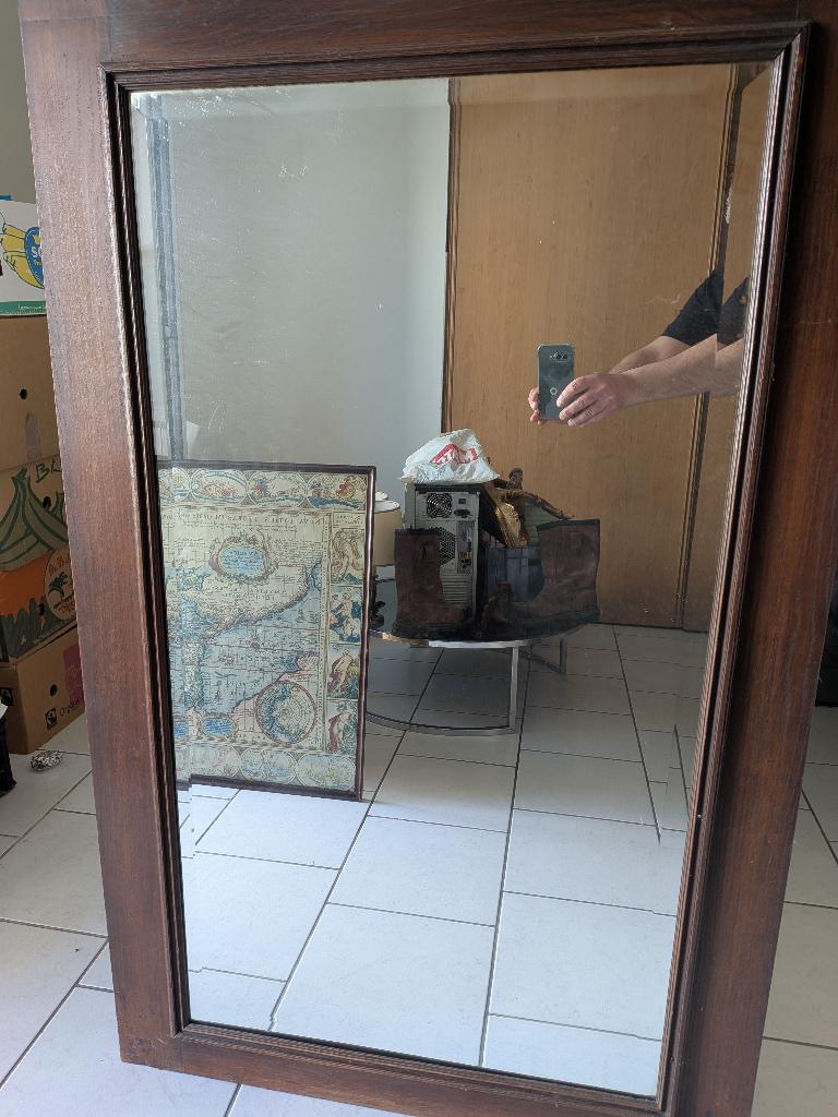 Grand miroir biseauté encadré en chêne massif, Antiek en Kunst, Antiek | Spiegels, Ophalen, Rechthoekig, 50 tot 100 cm, 100 tot 150 cm