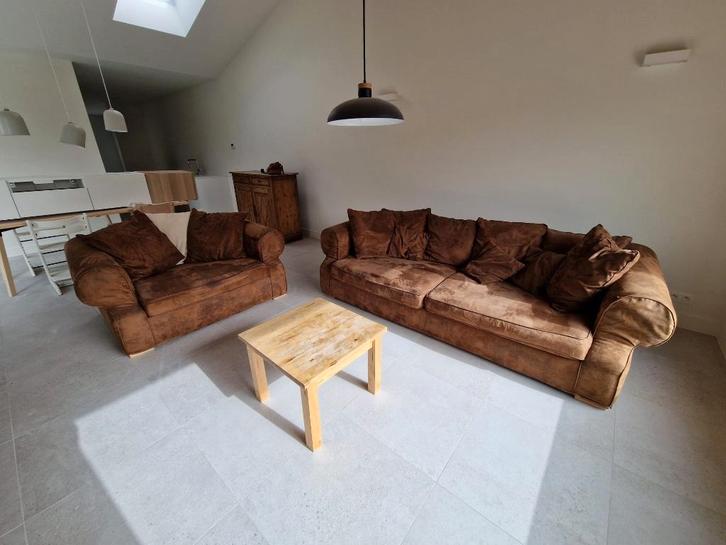 Warm bruine, daim zetels (+4zit & 2zit), Huis en Inrichting, Zetels | Zetels, Zo goed als nieuw, Rechte bank, Vierpersoons of meer