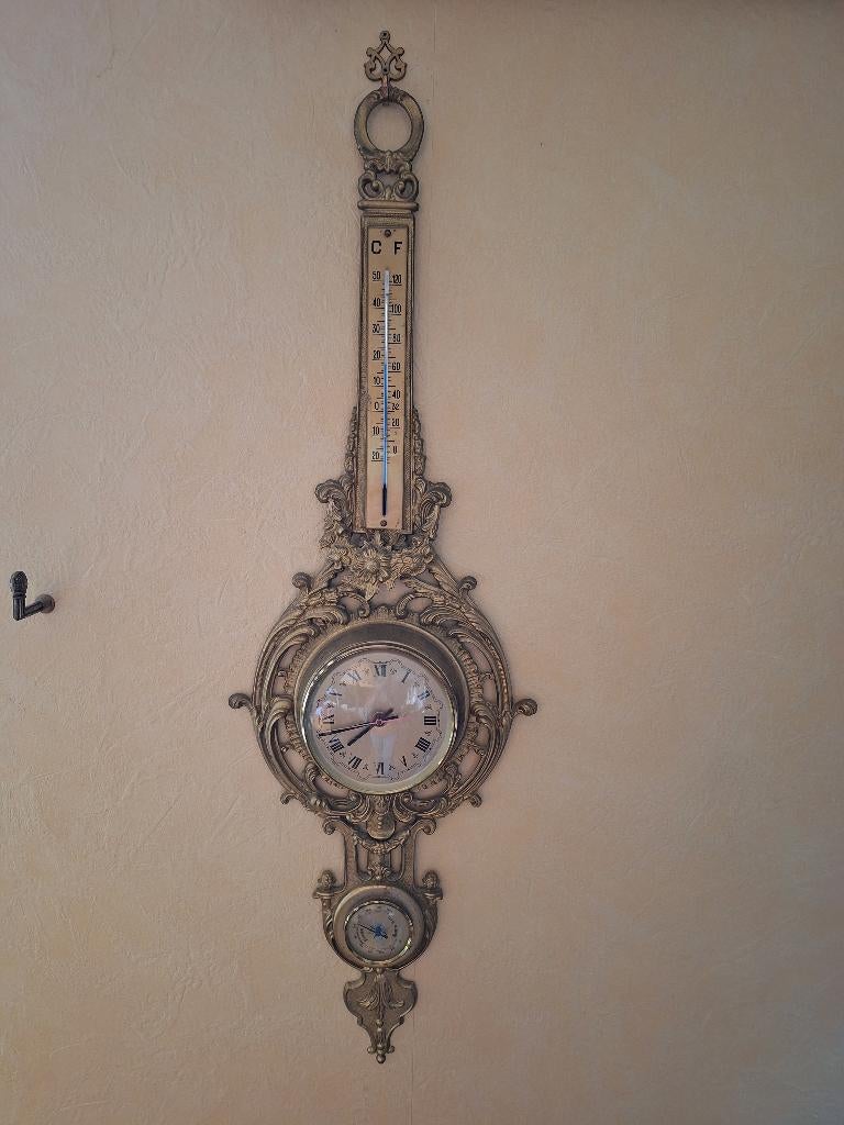 Horloge murale en laiton avec thermomètre et baromètre, Antiquités & Art, Enlèvement