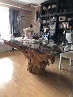 Tafel met glazen blad uniek, Huis en Inrichting, Tafels | Eettafels, Ophalen, Zo goed als nieuw, Rechthoekig