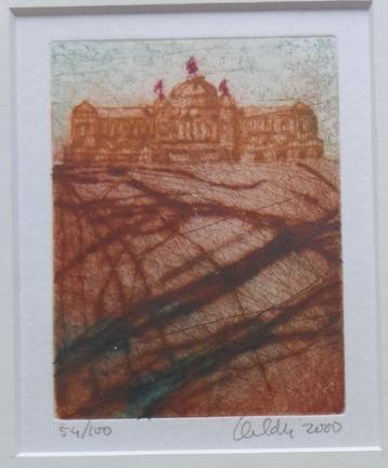 ONLEESBAAR / HISTORISCH GEBOUW / KLEURETS / 31x31cm / KADER beschikbaar voor biedingen