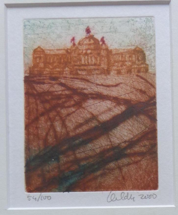 ONLEESBAAR / HISTORISCH GEBOUW / KLEURETS / 31x31cm / KADER, Antiek en Kunst, Kunst | Litho's en Zeefdrukken, Ophalen of Verzenden