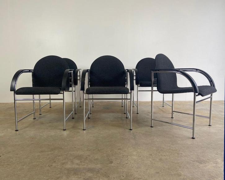 6 Vintage design Arco Bk stoelen, Huis en Inrichting, Stoelen, Gebruikt, Vijf, Zes of meer stoelen, Hout, Metaal, Stof, Zwart