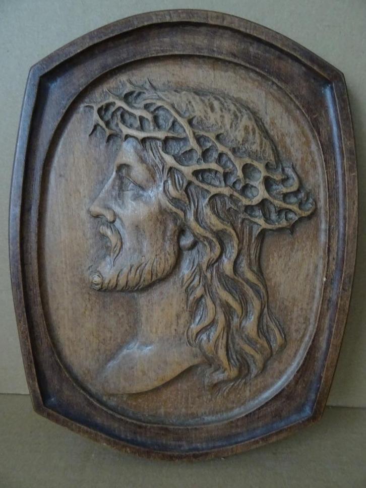 Antiek houtsnijwerk Jezus Christus houtsnijwerk Christuskop, Antiek en Kunst, Antiek | Religieuze voorwerpen, Ophalen of Verzenden