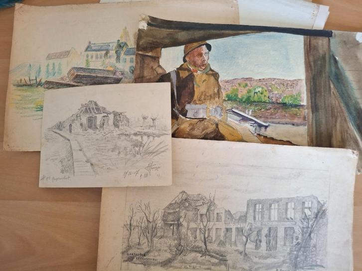 Originele tekeningen van soldaat aan het IJzerfront 14-18, Antiek en Kunst, Kunst | Tekeningen en Fotografie, Verzenden