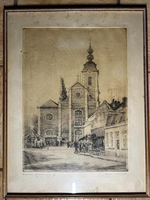 ets tekening kermis te Grembergen, Antiek en Kunst, Kunst | Etsen en Gravures, Ophalen