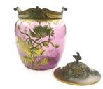 Purple glass biscuit bucket with enameled flower decorations, Ophalen of Verzenden