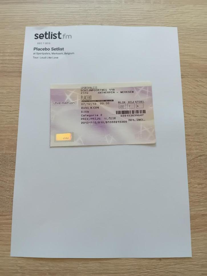 Ticket concert Placebo - Sportpaleis Anvers 2013, Verzamelen, Muziek, Artiesten en Beroemdheden, Gebruikt, Overige typen, Ophalen