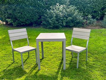 Table + 2 chaises jardin terrasse, ensemble, alu modern gris