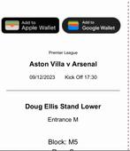 Aston Villa vs Arsenal FC (08/12/2023) 4x block M5 ticket, Tickets & Billets, Sport | Football, Décembre