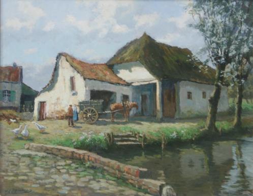 Edmond Heirman (1869-1957): Op het erf (72 x 62 cm), Antiquités & Art, Art | Peinture | Classique, Enlèvement
